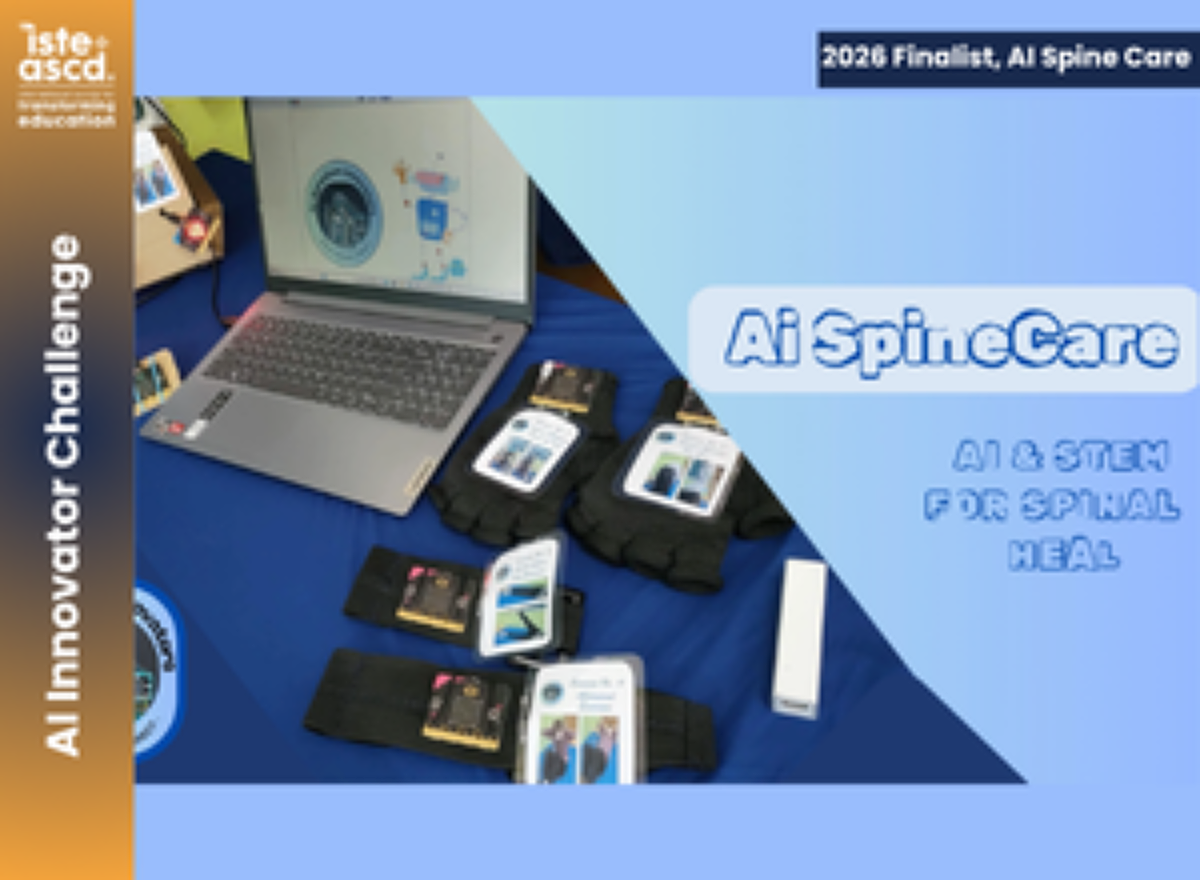 A display with a laptop, black wearable devices, informational cards, and a banner reading AI SpineCare: AI & STEM for Spinal Heal. Text notes it is a 2026 finalist for the AI Innovator Challenge.
