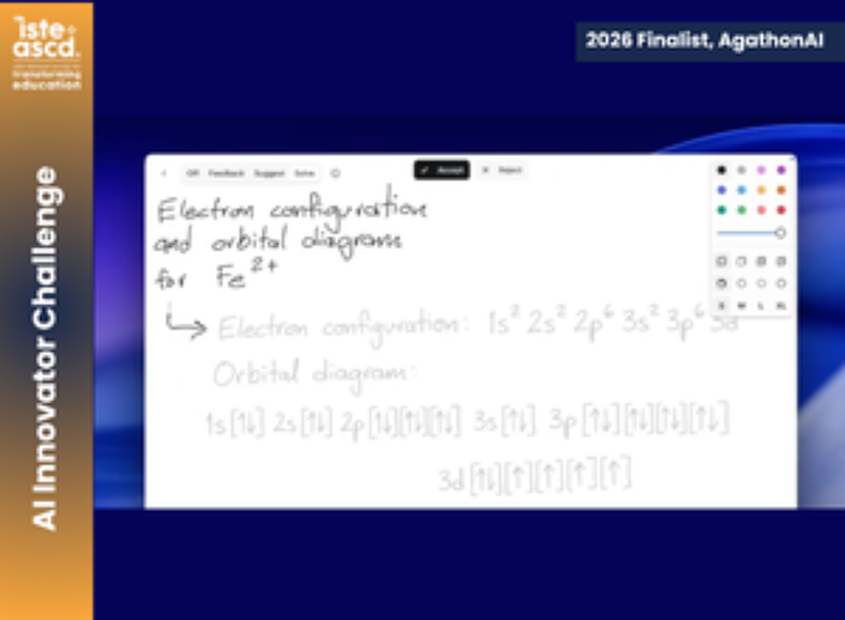 A handwritten explanation of the electron configuration and orbital diagram for Fe²⁺ is shown on a digital whiteboard, alongside a color palette on the right. The slide has event branding and a finalist label.