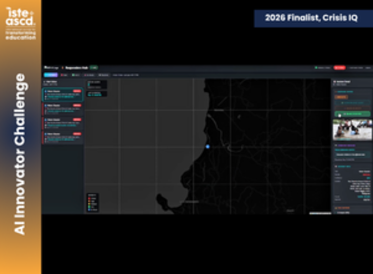 A computer screen displays a dark-themed crisis management dashboard with a map, alerts, and information panels. A blue marker is placed on the map near a coastal area. AI Innovator Challenge is noted on the left.