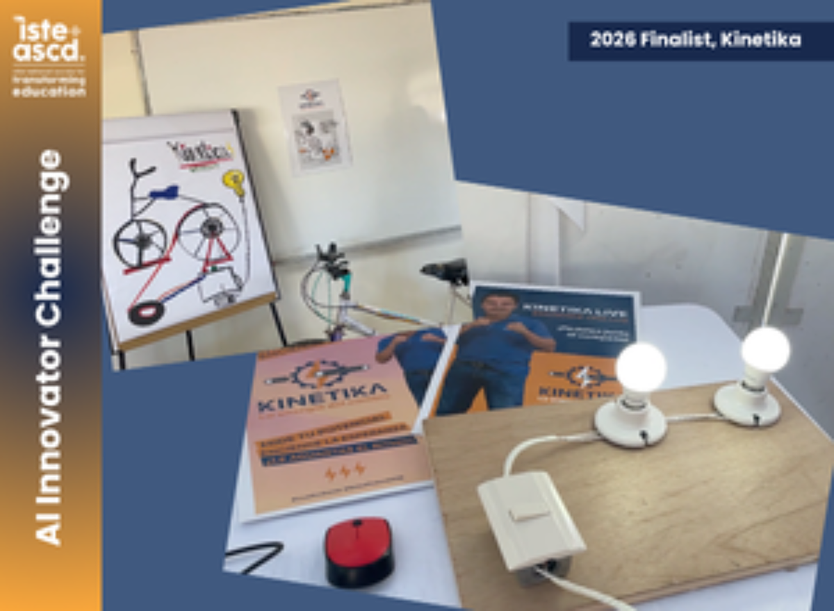 A display booth for Kinetika, a 2026 AI Innovator Challenge finalist, featuring posters, a hand-drawn diagram, and a wooden board with two lit bulbs and a switch, showcasing an educational science project.