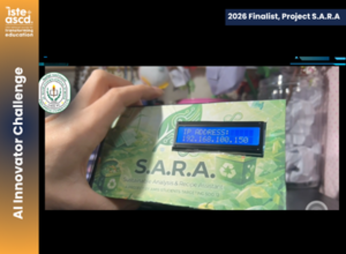 A person holds a device labeled S.A.R.A. with a small screen displaying the IP address 192.168.100.150. The image includes 2026 Finalist, Project S.A.R.A. and AI Innovator Challenge banners.