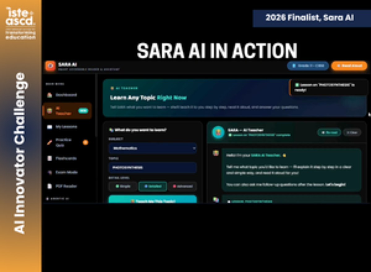 Screenshot of SARA AI platform dashboard, displaying a chat-based interface for learning topics like mathematics. Banner reads SARA AI IN ACTION and highlights it as a 2026 ASCD AI Innovator Challenge finalist.