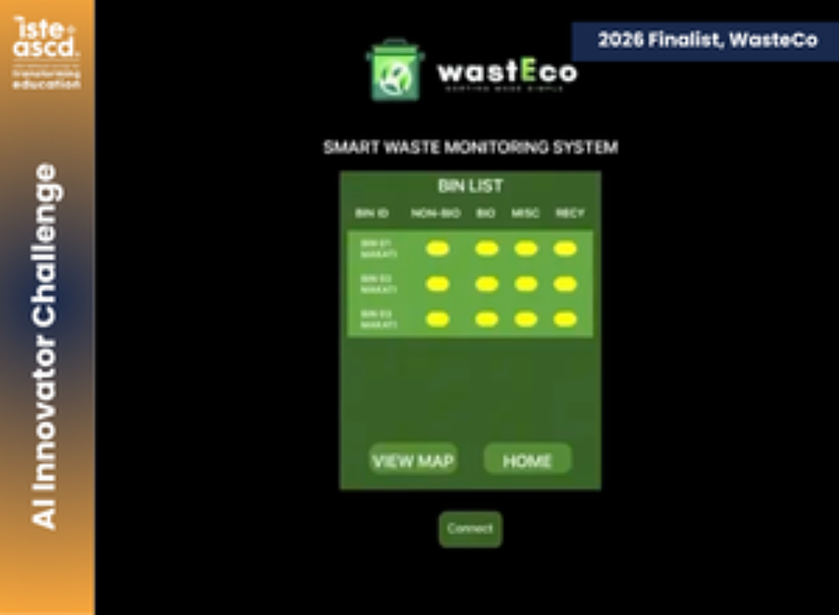Screenshot of a smart waste monitoring system interface by WasteCo, showing bin lists with status lights, a View Map button, and a Connect button. Banner reads 2024 Finalist, WasteCo and AI Innovator Challenge..