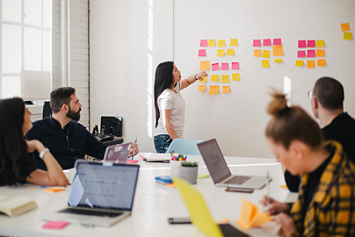 A small diverse group of people working together in an office. One is standing next to a wall covered in small sticky notes.