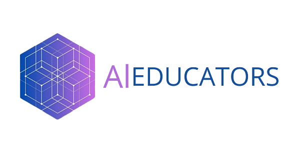 Logo for AI EDUCATORS featuring a blue and purple gradient hexagon composed of smaller geometric cubes.