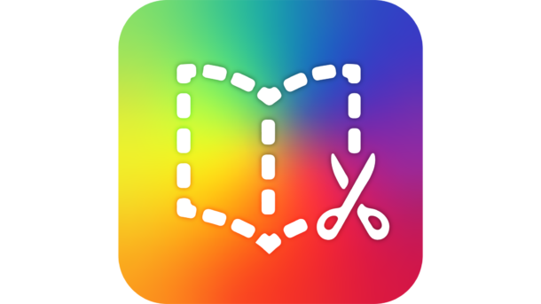 App icon featuring a white outline of an open book with perforated cut lines and scissors on a colorful gradient background.