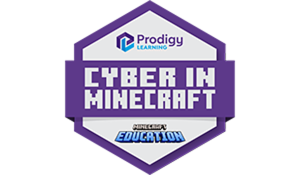 A hexagonal badge featuring the Prodigy Learning logo, the text CYBER IN MINECRAFT, and the Minecraft: Education logo.