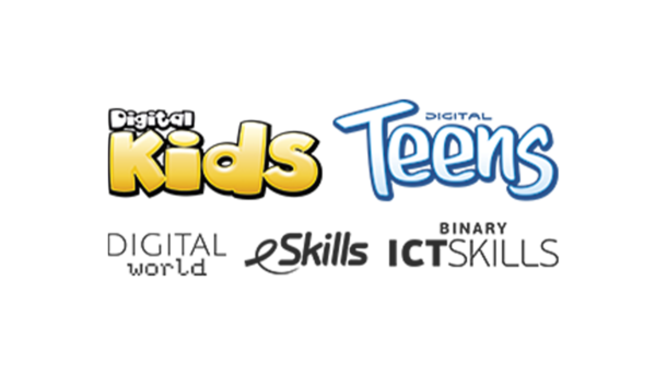 Logos for Digital Kids, Digital Teens, Digital World, eSkills, and Binary ICT Skills.