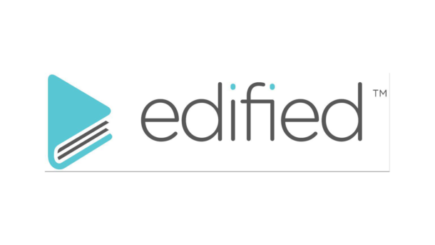 Logo for edified featuring a teal play button icon stylized to look like an open book, followed by the text edified in lowercase gray letters.