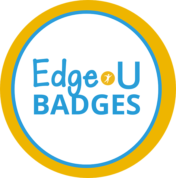 Logo for EdgeU Badges featuring the text Edge U BADGES with a small yellow circular icon of a person jumping inside the letter U.