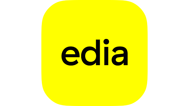 The word edia in black lowercase letters centered on a bright yellow square icon with rounded corners.