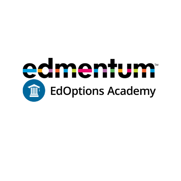 Logo for Edmentum EdOptions Academy featuring a blue circle with a white pillar icon next to the brand name in black text with colorful accents.