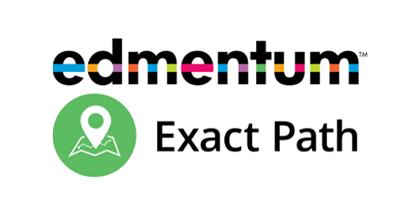 Edmentum Exact Path logo featuring a multicolored text logo above a green circle containing a map pin icon.