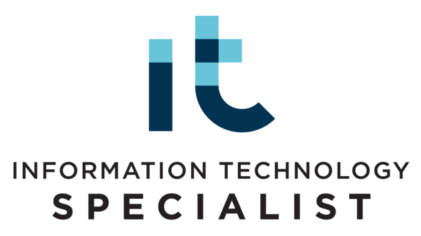 Logo for Information Technology Specialist featuring a stylized lowercase it where the i and t are formed by blue and dark blue squares.
