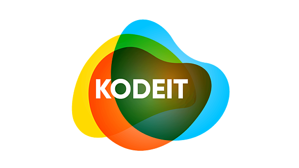 The word KODEIT in white capital letters centered over overlapping, multicolored organic shapes.