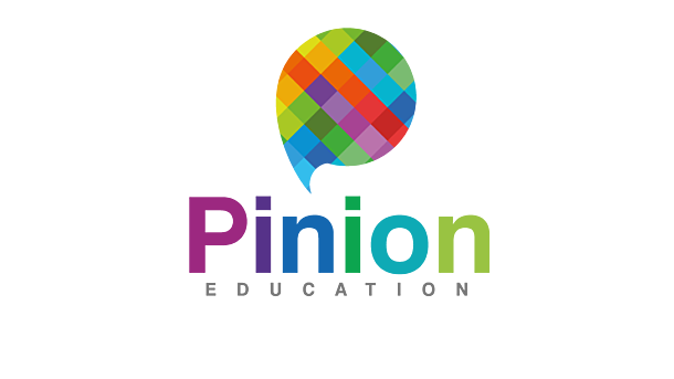 Pinion Education logo featuring a colorful, multi-patterned speech bubble icon above the company name.