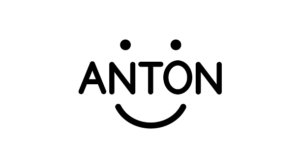The word ANTON in a black sans-serif font, styled to look like a face with two dots above the Os as eyes and a curved line below as a smile.