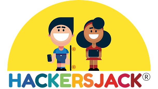 Logo for HACKERSJACK featuring a cartoon boy with a smartphone and skateboard and a cartoon girl holding a tablet against a yellow semicircle.