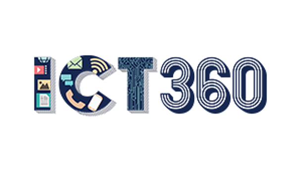 The text ICT360 with letters filled with various technology-related patterns and icons.