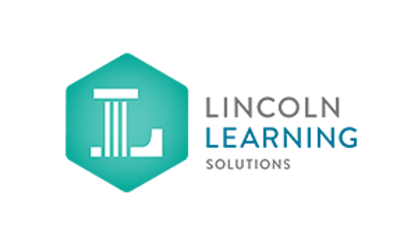 Logo for Lincoln Learning Solutions featuring a teal hexagon with a white stylized letter L shaped like a pillar, next to the company name in gray and blue text.