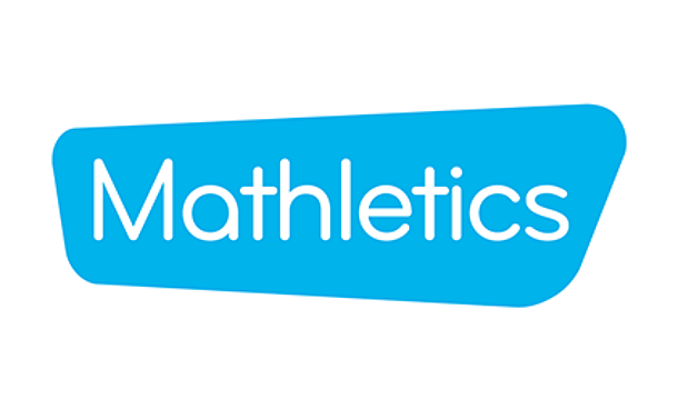 Mathletics logo consisting of the white text Mathletics on a blue, tilted, rounded rectangular background.