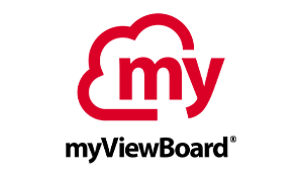 Logo for myViewBoard featuring the word my inside a red cloud outline above the text myViewBoard.