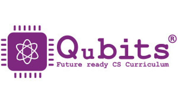 Qubits logo featuring a computer chip icon with an atom symbol and the text Future ready CS Curriculum.