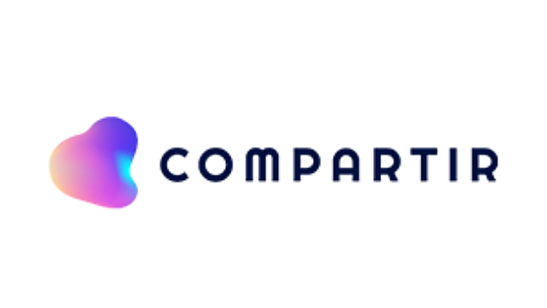 Logo for Compartir, featuring a blob-shaped icon with a blue-to-pink gradient next to the company name in dark blue text.