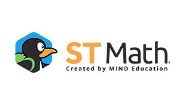 ST Math logo featuring JiJi the penguin inside a blue hexagon next to the text ST Math, Created by MIND Education.