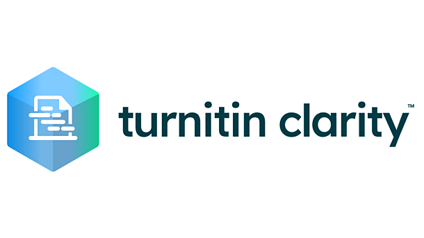 Turnitin Clarity logo featuring a blue and green hexagon icon with a document graphic next to the company name.