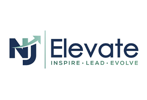 Stylized letters NJ with a swooping up arrow effect next to a vertical dividing line. On the other side in large letters is the word Elevate, below which are the words Inspire, Lead and Evolve.