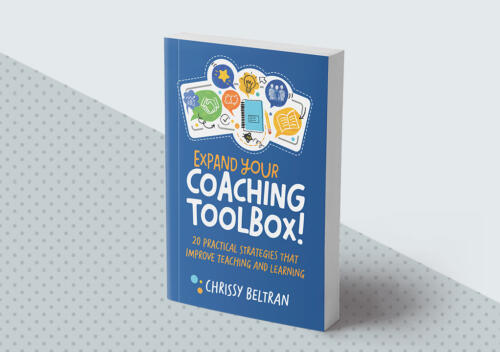 A blue book titled Expand Your Coaching Toolbox! 20 Practical Strategies That Improve Teaching and Learning by Chrissy Beltran, featuring colorful icons of ideas, charts, and books on the cover.