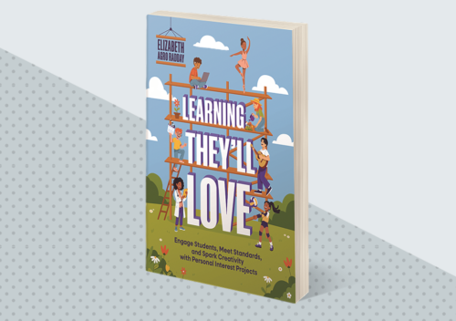 Book titled Learning Theyll Love by Elizabeth Aldred, featuring illustrated children building the books title letters with ladders and tools, set against a light blue sky and grassy field background.