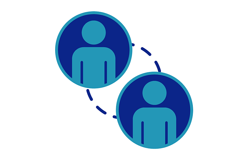 A blue and teal icon of two separate circles each containing the figure of a person connected by black dotted lines.