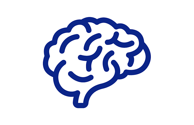 A blue and white graphic of a simplistic brain.
