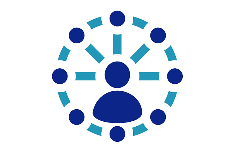 A blue and teal icon of a person at the center of a wheel shape made of dashes and dots.