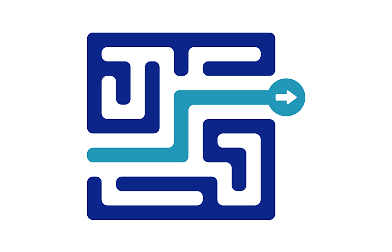 A blue graphic of a simple maze with a teal colored line running through it from start to finish.