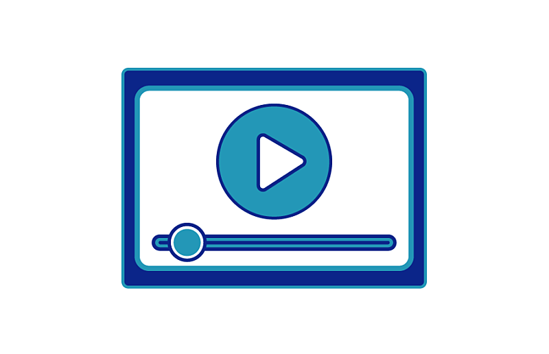 A blue and teal graphic representing a video player with a progress bar and a large play button inside the screen.