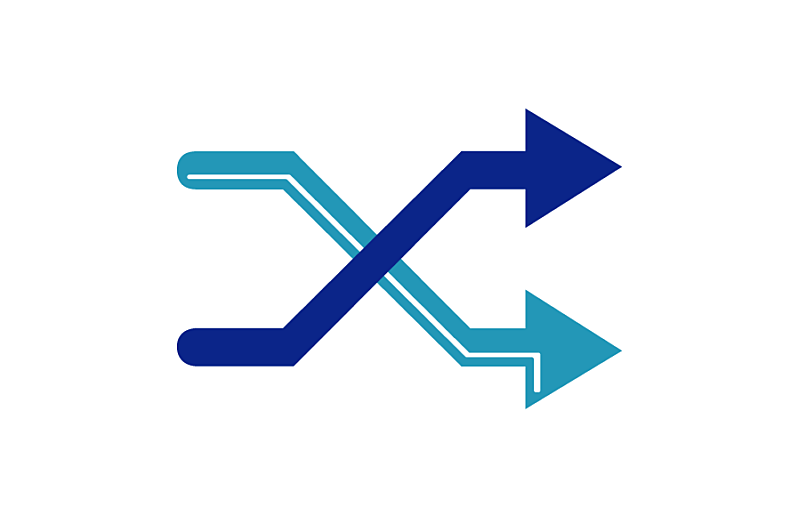 Two simple arrow shapes in blue and teal starting in top and bottom corners on the left, crossing over each other midline and ending up in opposite corners on the right.
