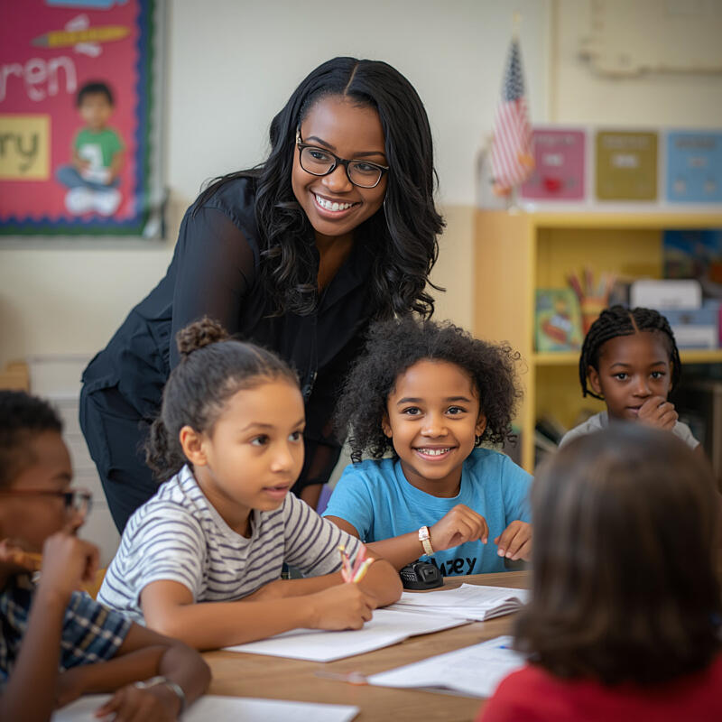 Black female teacher in a classroom with diverse 6-year-old students, including male and female children who are white, black, and Asian, educational setting, warm and welcoming atmosphere.