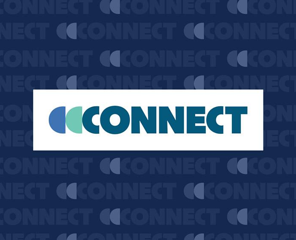 The image displays the word CONNECT in bold blue letters, with three overlapping teal circles forming the first letter C on a white rectangle background centered in a dark navy background that features the same design faded to shades of blue in a repeated pattern to fill the background.