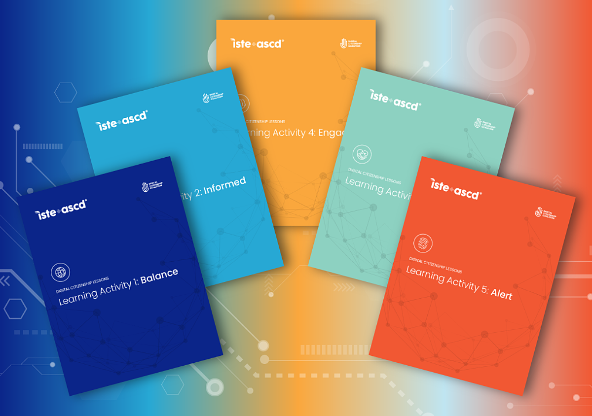 A colorful image of a fan of the 5 covers from the Digital Citizenship Lessons