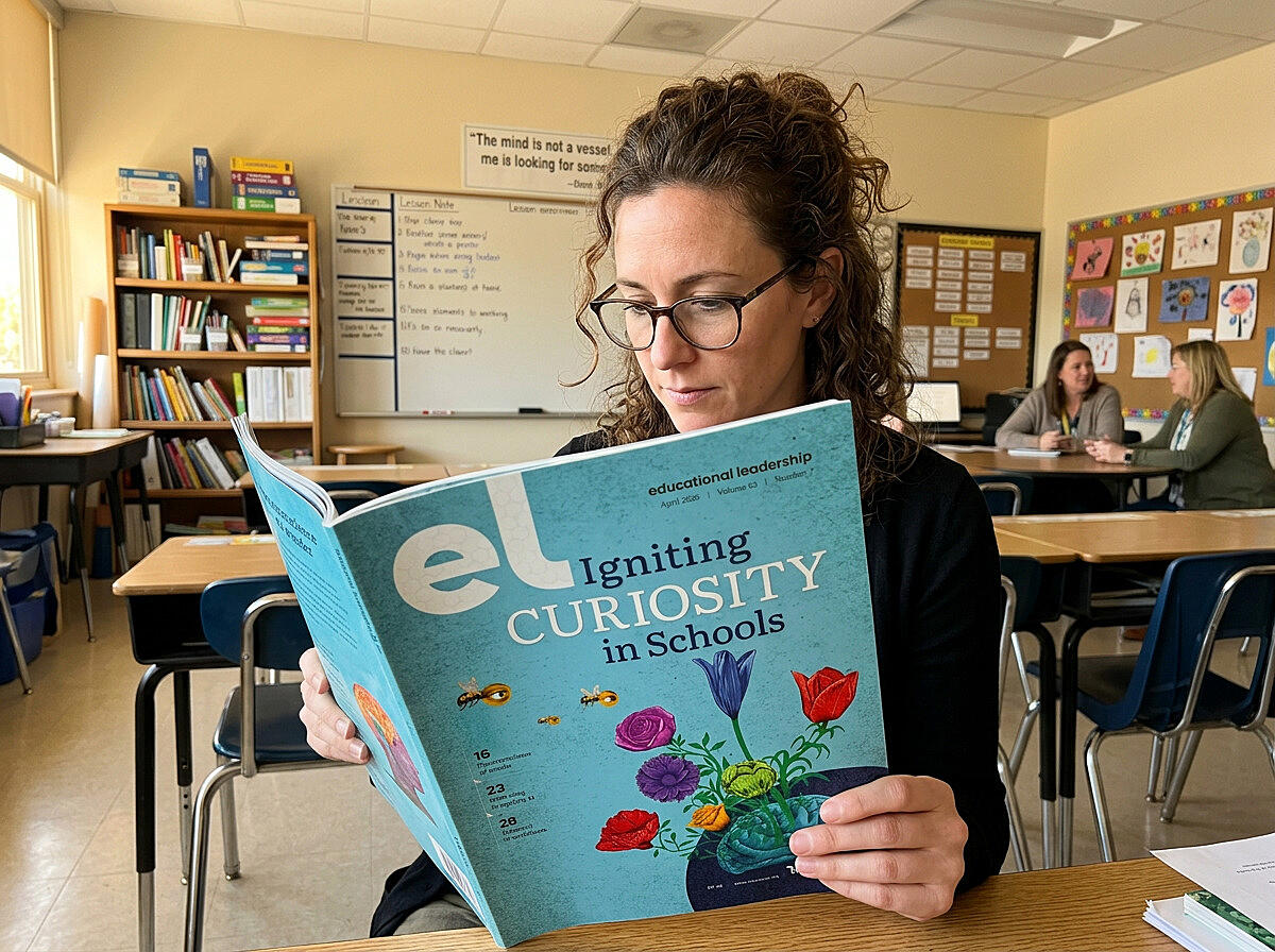 Photo of a teacher reading an Educational Leadership magazine with Igniting Curiosity in Schools cover engaged in reading classroom setting with desks and educational materials in background