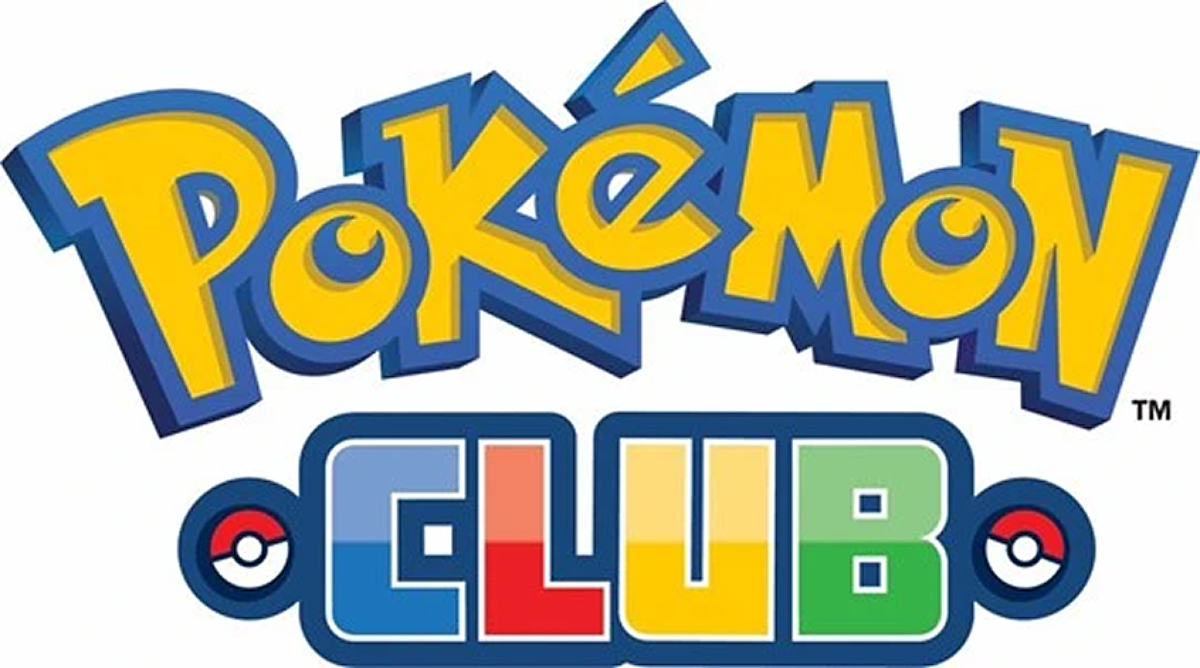 The logo for Pokémon Club which consists of stylized word Pokémon in yellow font and the word club in block letters in blue, red, yellow, and green. On either side of the word club are two small red and white poké balls.