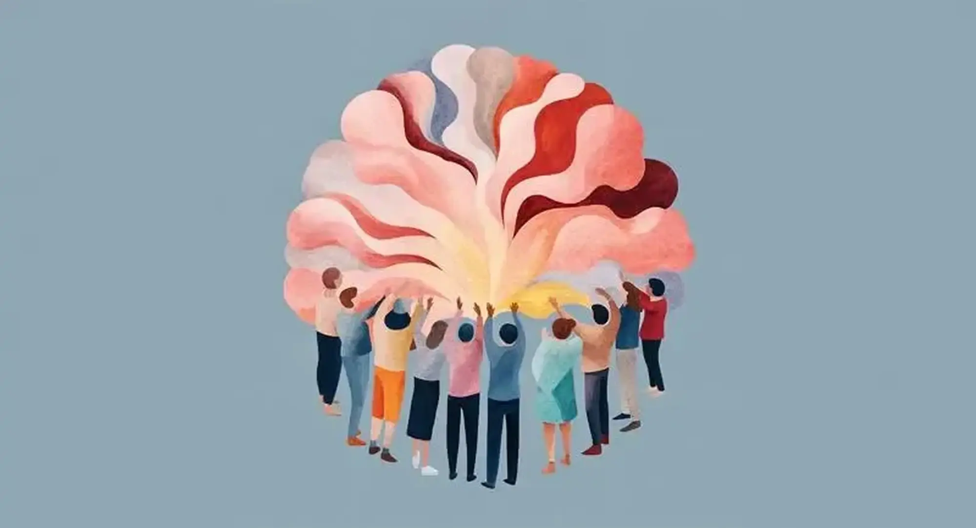 A diverse group of people standing in a circle with their hands raised toward a large, abstract cloud of red, pink, and orange watercolor shapes.