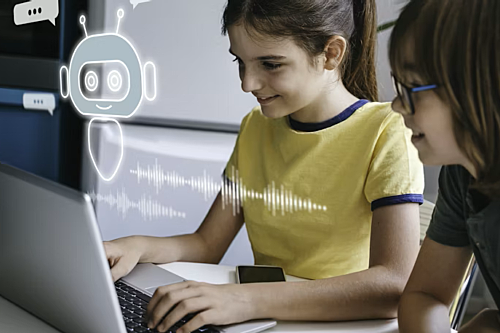 Two young girls looking at a laptop screen. A graphic of a robot or chatbot is overlayed on part of the image.