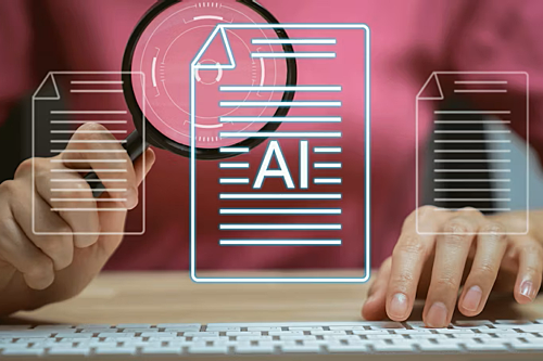 Graphic elements indicating documents, one with the letters AI in it are overlayed on a closeup of a woman's hands on a keyboard and also holding a magnifying glass.