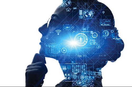 A silhouette of a woman with blue graphics overlayed on her image to indicate technology or digital space.