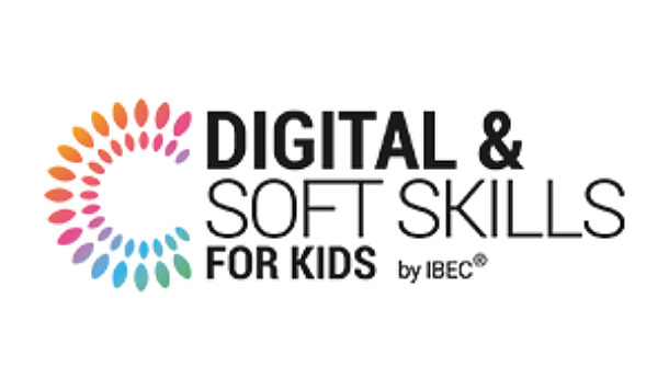 Logo for Digital & Soft Skills for Kids by IBEC, featuring a circular icon made of colorful leaf-shaped petals.
