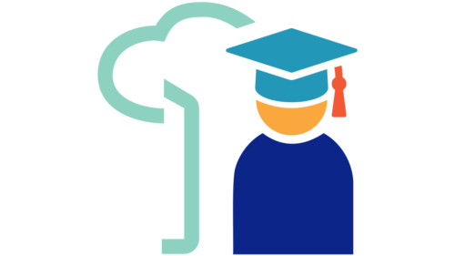 An icon of a person wearing a graduation cap and gown next to the outline of a tree shape.